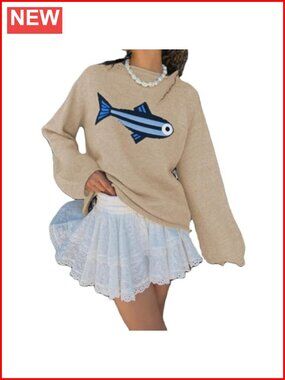Rib Knit Fish Graphic Sweater Crew Neck Oversized Vintage Pullover